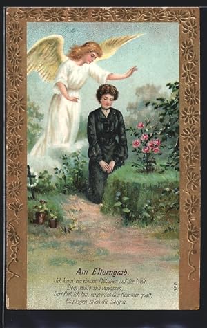 Bild des Verkufers fr Ansichtskarte Dame im schwarzen Kleid trauert am Elterngrab mit Engel zum Verkauf von Bartko-Reher