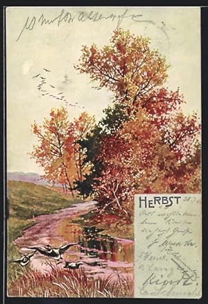 Ansichtskarte Herbst, Landschaft mit Enten, Allegorie