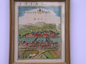 altkolorierte Holzschnitt Ansicht von Basel 1501, Gr. H 12 x B 10 cm. Blick von Gross Basel nach ...