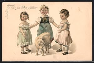 Ansichtskarte Drei Mädchen mit Glücksschwein, Prosit Neujahr