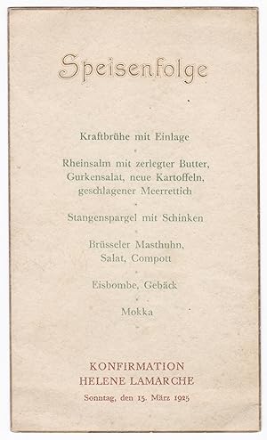 Speisenfolge Speisenkarte Speisekarte Konfirmation 1925 Helene Lamarche