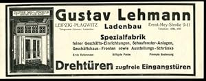 Bild des Verkufers fr Gustav Lehmann Ladenbau, Leipzig-Plagwitz - Werbeanzeige 1914. Spezialfabrik feiner Geschftseinrichtungen. zum Verkauf von Antiquariat Ralf Rindle