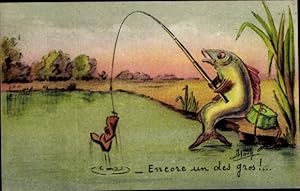 Künstler Ansichtskarte / Postkarte Hoch, Fisch beim Angeln, Schuh, Teich