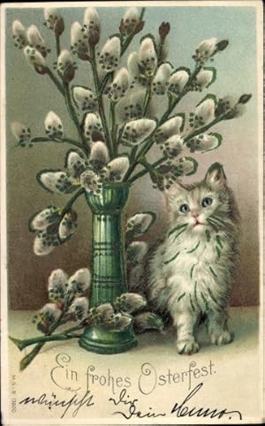 Präge Ansichtskarte / Postkarte Glückwunsch Ostern, Weidenkätzchen, Blumenvase, Katze