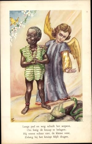 Künstler Ansichtskarte / Postkarte Schutzengel, Afrikaner, Junge, Gebet