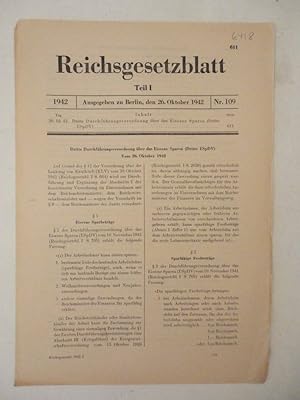 Bild des Verkufers fr Reichsgesetzblatt Teil I Nr.109 vom 26. Oktober 1942. Dritte Durchfhrungsverordnung ber das Eiserne Sparen (Dritte ESpDV) zum Verkauf von Galerie fr gegenstndliche Kunst