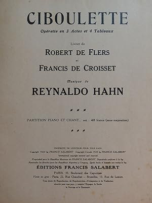 HAHN Reynaldo Ciboulette Opérette Chant Piano 1923