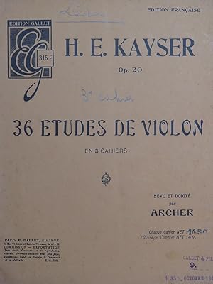 Imagen del vendedor de KAYSER H. E. 36 Etudes op 20 3e Cahier Violon a la venta por partitions-anciennes