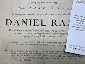 Original satyrical notice of the death of patriot and revolutionary Daniel Raap: UE. word bekend ...