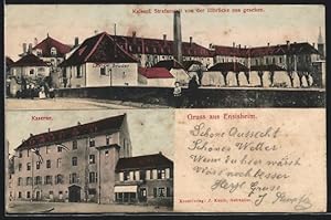 Ansichtskarte Ensisheim, Kaiserl. Stranfanstalt von der Illbrücke aus gesehen, Kaserne