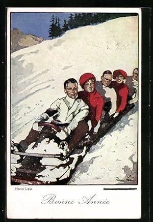 Bild des Verkufers fr Knstler-Ansichtskarte Hans Leu: Schwarz-Weiss-Rot, Herren und Damen auf einem Schlitten zum Verkauf von Bartko-Reher