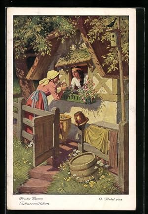 Bild des Verkufers fr Knstler-Ansichtskarte Otto Kubel: Brder Grimm, Schneewittchen, Knigin verkleidet als Hndlerin verkauft pfel zum Verkauf von Bartko-Reher