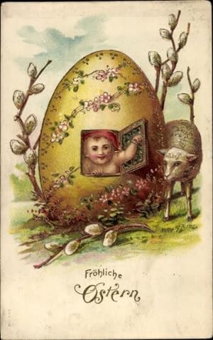 Präge Ansichtskarte / Postkarte Glückwunsch Ostern, Weidenkätzchen, Kind im Osterei, Lamm