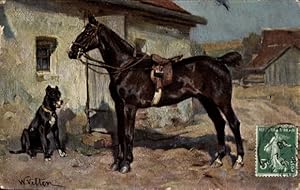 Künstler Ansichtskarte / Postkarte Velten, W., Gesatteltes Pferd mit Hund