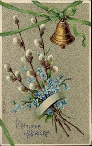 Präge Ansichtskarte / Postkarte Glückwunsch Ostern, Glocke, Weidenkätzchen, Vergissmeinnicht