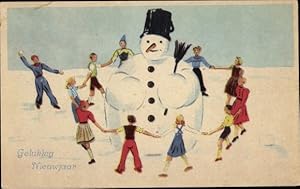 Bild des Verkufers fr Ansichtskarte / Postkarte Frhliches Neujahr, Kinder tanzen Reigen um einen Schneemann zum Verkauf von akpool GmbH