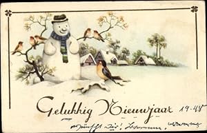 Ansichtskarte / Postkarte Fröhliches Neujahr, Schneemann, Vögel, Winterlandschaft