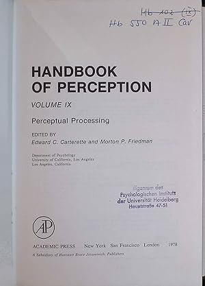 Bild des Verkufers fr Handbook of Perception, Vol 9: Perceptual Processing zum Verkauf von books4less (Versandantiquariat Petra Gros GmbH & Co. KG)