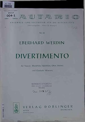 Bild des Verkufers fr Eberhard Werdin. Divertimento fr Sopran-Blockflte (Querflte, Oboe, Violine) und Cembalo (Klavier). zum Verkauf von Antiquariat Bookfarm