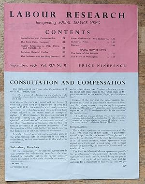 Image du vendeur pour Labour Research September 1956 / Consultation And Compensation/ The Suez Canal Company/ Higher Education in U.K. and U.S.S.R. / Building Material Profits / The Professor and the Shop Steward / Farm Workers On Their Industry/ Social Service News - The State of the Schools / The Price Of Wellingtons mis en vente par Shore Books