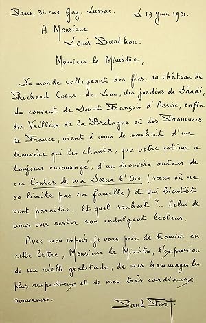 Seller image for Lettre autographe signe  Louis Barthou for sale by Librairie Trois Plumes