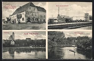 Ansichtskarte Profen, Braunkohlenwerk, Kolonialwaren R. Fiedler, Elsterpartie, Panorama mit Kirche