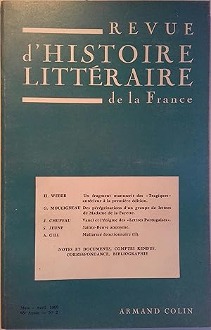 Revue d'histoire littéraire de la France 68e année N° 2. un fragment manuscrit des Tragiques anté...