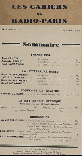 Image du vendeur pour Les Cahiers de Radio-Paris 1937-4 : France 1937 - La littrature russe, souvenirs de Mounet-Sully Confrences donnes dans l'auditorium de la Compagnie franaise de radiophonie. 15 avril 1937. mis en vente par Librairie Et Ctera (et caetera) - Sophie Rosire