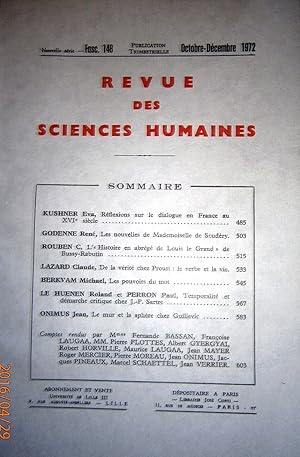 Imagen del vendedor de Revue des sciences humaines N 148. Publication trimestrielle. Articles sur Mlle de Scudry - Bussy-Rabutin - Proust - Sartre - Guillevic Octobre-dcembre 1972. a la venta por Librairie Et Ctera (et caetera) - Sophie Rosire