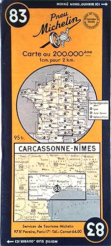 Ancienne Carte Michelin N° 83 : Carcassonne - Nîmes. Carte au 200.000e.