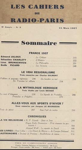 Image du vendeur pour Les Cahiers de Radio-Paris 1937-3 : France 1937 - Charles Oulmont - Louis Sechan Confrences donnes dans l'auditorium de la Compagnie franaise de radiophonie. 15 mars 1937. mis en vente par Librairie Et Ctera (et caetera) - Sophie Rosire