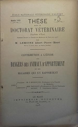 Immagine del venditore per Contribution  l'tude des dangers des animaux d'appartement et des maladies qui s'y rapportent. venduto da Librairie Et Ctera (et caetera) - Sophie Rosire