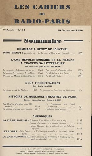 Les Cahiers de Radio-Paris 1936-11 : Hommage à Henry de Jouvenel. Littérature par Raoul Stéphan -...