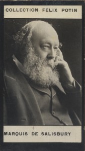 Bild des Verkufers fr Photographie de la collection Flix Potin (4 x 7,5 cm) reprsentant : Marquis Robert de Salisbury, homme politique. Dbut XXe. Vers 1900. zum Verkauf von Librairie Et Ctera (et caetera) - Sophie Rosire