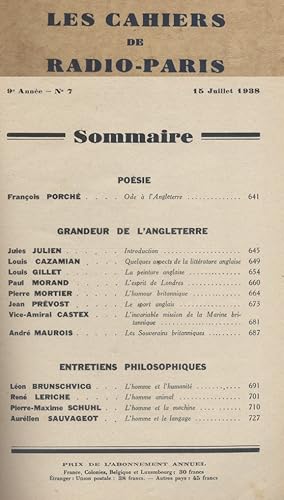 Image du vendeur pour Les Cahiers de Radio-Paris 1938-7 : Grandeur de l'Angleterre - Entretiens philosophiques Confrences donnes dans l'auditorium de la Compagnie franaise de radiophonie. 15 juillet 1938. mis en vente par Librairie Et Ctera (et caetera) - Sophie Rosire