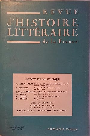 Revue d'histoire littéraire de la France 67 e année N° 1 : Aspects de la critique. Enfin Du Perro...
