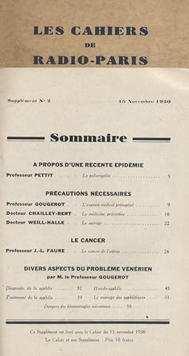 Les Cahiers de Radio-Paris 1930 : Supplément N° 2 : Conférences médicales. Conférences données da...