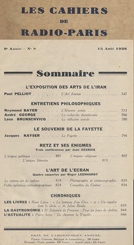 Les Cahiers de Radio-Paris 1938-8 : Entretiens philosophiques - La Fayette - Retz et ses énigmes ...