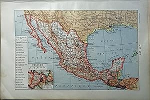 Carte en couleurs du Mexique. Carte extraite du Larousse universel en 2 volumes.