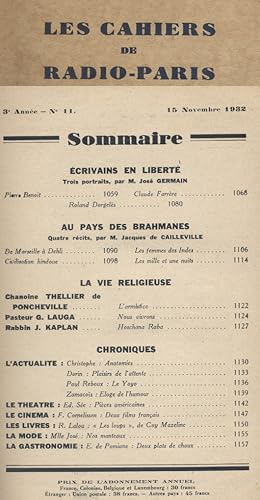 Image du vendeur pour Les Cahiers de Radio-Paris 1932-11 : Benoit - Farrre - Dorgels. Au pays des brahmanes . Confrences donnes dans l'auditorium de la Compagnie franaise de radiophonie. 15 novembre 1932. mis en vente par Librairie Et Ctera (et caetera) - Sophie Rosire