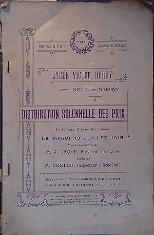 Distribution solennelle des prix. Année scolaire 1915.