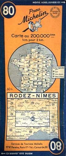 Ancienne Carte Michelin N° 80 : Rodez - Nîmes. Carte au 200.000e.