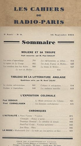 Image du vendeur pour Les Cahiers de Radio-Paris 1931-9 : Paul Gaulot sur Molire - Ren Lalou - Paul Reboux - Cornelissen . Confrences donnes dans l'auditorium de la Compagnie franaise de radiophonie. 15 septembre 1931. mis en vente par Librairie Et Ctera (et caetera) - Sophie Rosire