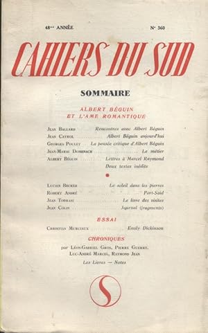 Bild des Verkufers fr Les Cahiers du Sud N 360 : Revue dirige par Jean Ballard. Albert Bguin et l'me romantique. Avril-Mai 1961. zum Verkauf von Librairie Et Ctera (et caetera) - Sophie Rosire