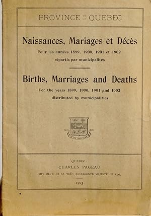 Province de of Québec. Naissances, mariages et décès. Pour les années 1899, 1900, 1901 et 1902 ré...