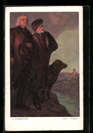 Künstler-Ansichtskarte Liszt und Wagner mit Hund