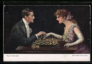 Künstler-Ansichtskarte Ruab Gnischaf: Eine Partie für`s Leben, Paar beim Schach