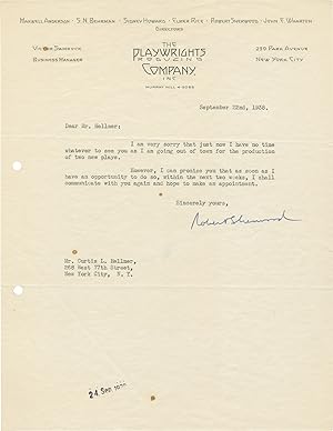Original typed letter signed from Robert Sherwood to Curtis L. Hellmer, presumably Kurt Hellmer, ...