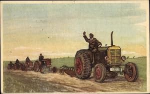 Ansichtskarte / Postkarte Glückwunsch Ostern, Traktoren auf einem Feld