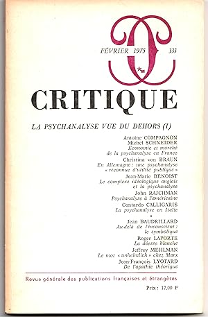 Bild des Verkufers fr La psychanalyse vue du dehors (1). Critique 333, fvrier 1975 zum Verkauf von Librairie Franoise Causse